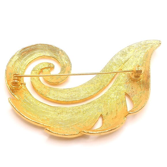 Vintage Brooch Hammered Curled Leaf Feather Design Gold Plated Metal Pin 3" - Picture 5 of 10